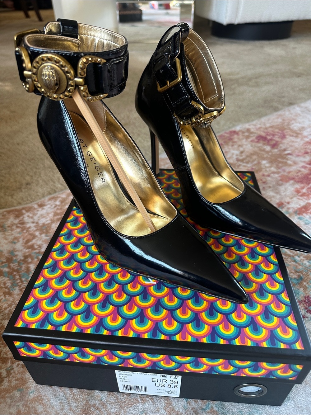Kurt Geiger Black Patent Leather Pointed Ankle-Strap Heels